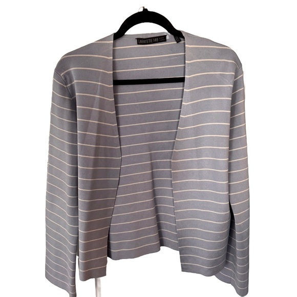 Lafayette 148 Silk Blend Slate Blue Striped Open Front Knit Cardigan Sz M - Picture 1 of 9